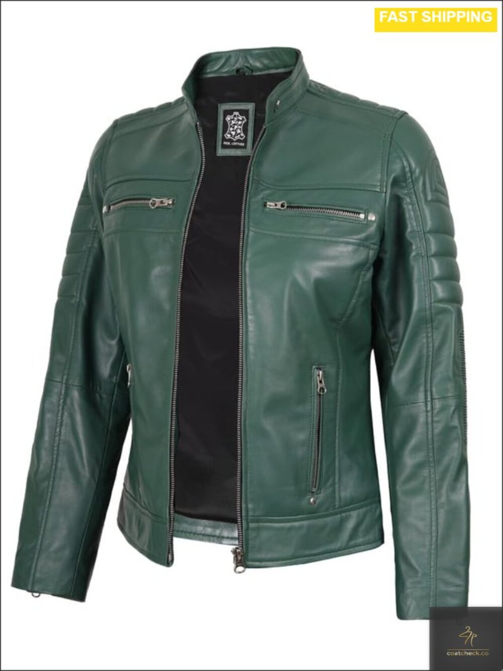 100% Lambskin Leather Cafe Racer Jacket Womens Band Collar Moto Zip